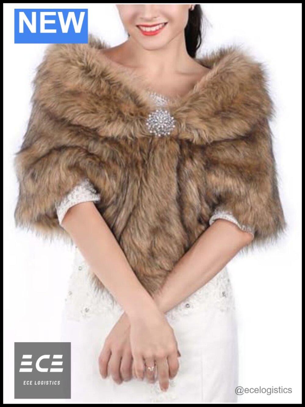 Faux Fur Wedding Shawl Wrap with Rhinestone Brooch Bridal Stole